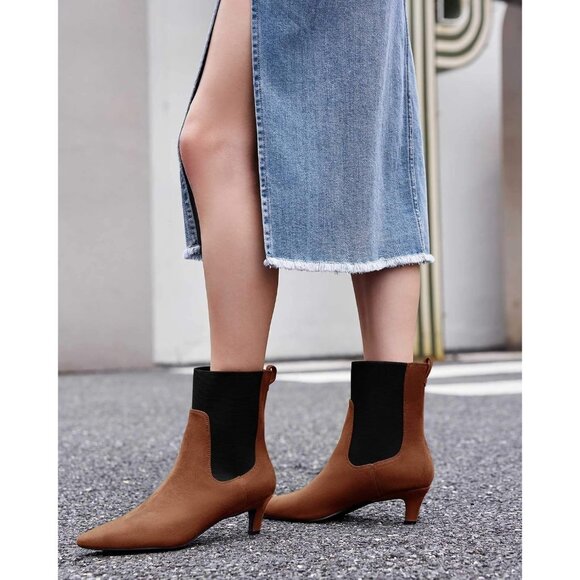 Women's Brown Ankle Low Kitten Heel Pointed Toe Slip On Dressy Winter Booties - Picture 2 of 6